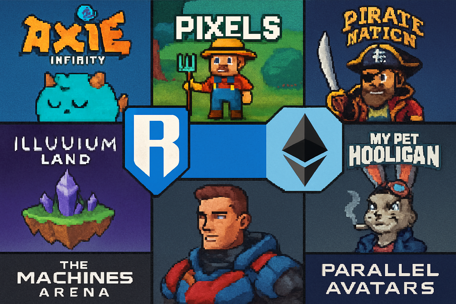 Dynamic collage of avatars from Axie Infinity, Pixels, Pirate Nation, Illuvium Land, My Pet Hooligan, The Machines Arena Skins, and Parallel Avatars with Ronin and Ethereum logos in the background, representing top gaming NFT collections in October 2025.