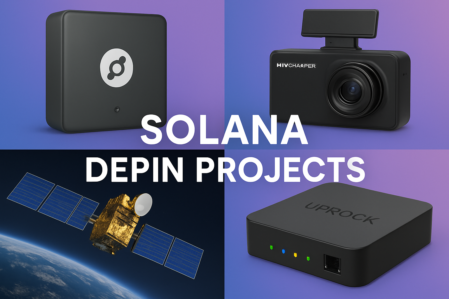 Collage of Helium hotspots, Hivemapper dashcams, GEODNET satellites, and UpRock bandwidth nodes representing top Solana DePIN projects in 2024