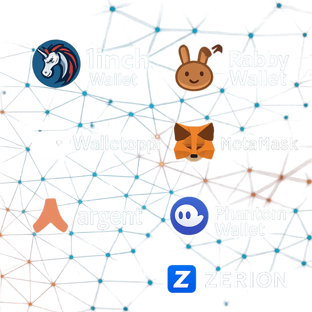 Collage of 1inch Wallet, Rabby Wallet, Walletoppi, MetaMask, Argent, Phantom Wallet, and Zerion logos on a fast-moving blockchain background, representing the best Web3 wallets for speed and low fees in 2025.