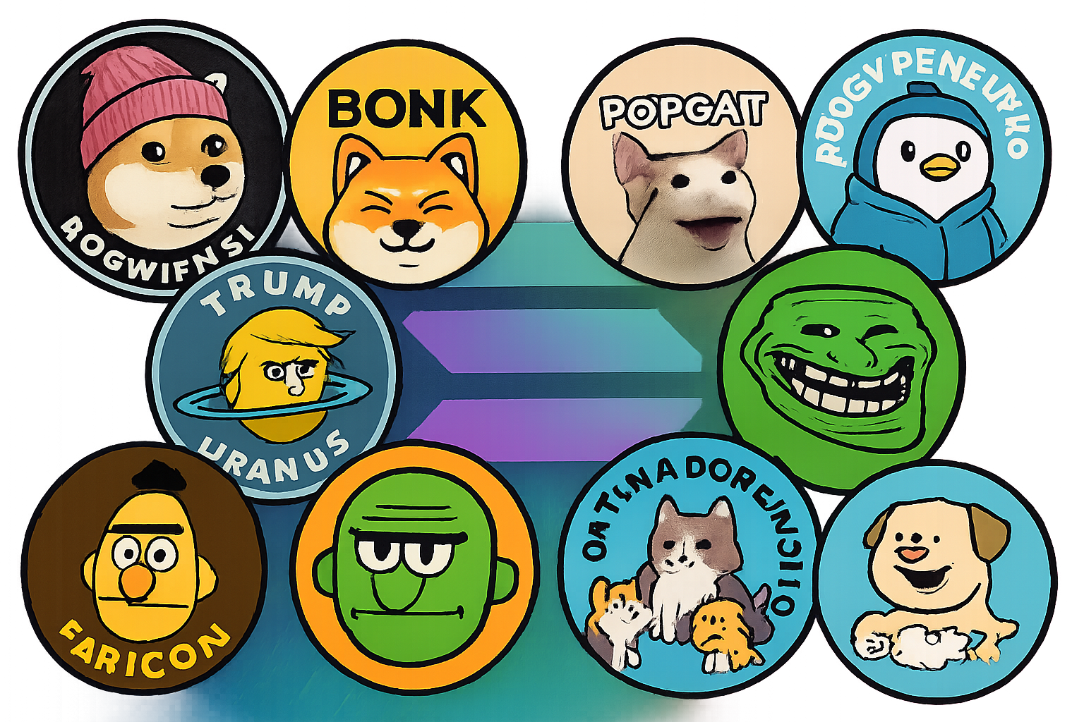 Collage of top Solana memecoins logos including Dogwifhat, Bonk, Popcat, Pudgy Penguins, Official Trump token, Uranus, Bert. Bertram The Pomeranian, Troll, Fartcoin, and Cat in a Dogs World on a vibrant Solana blockchain background