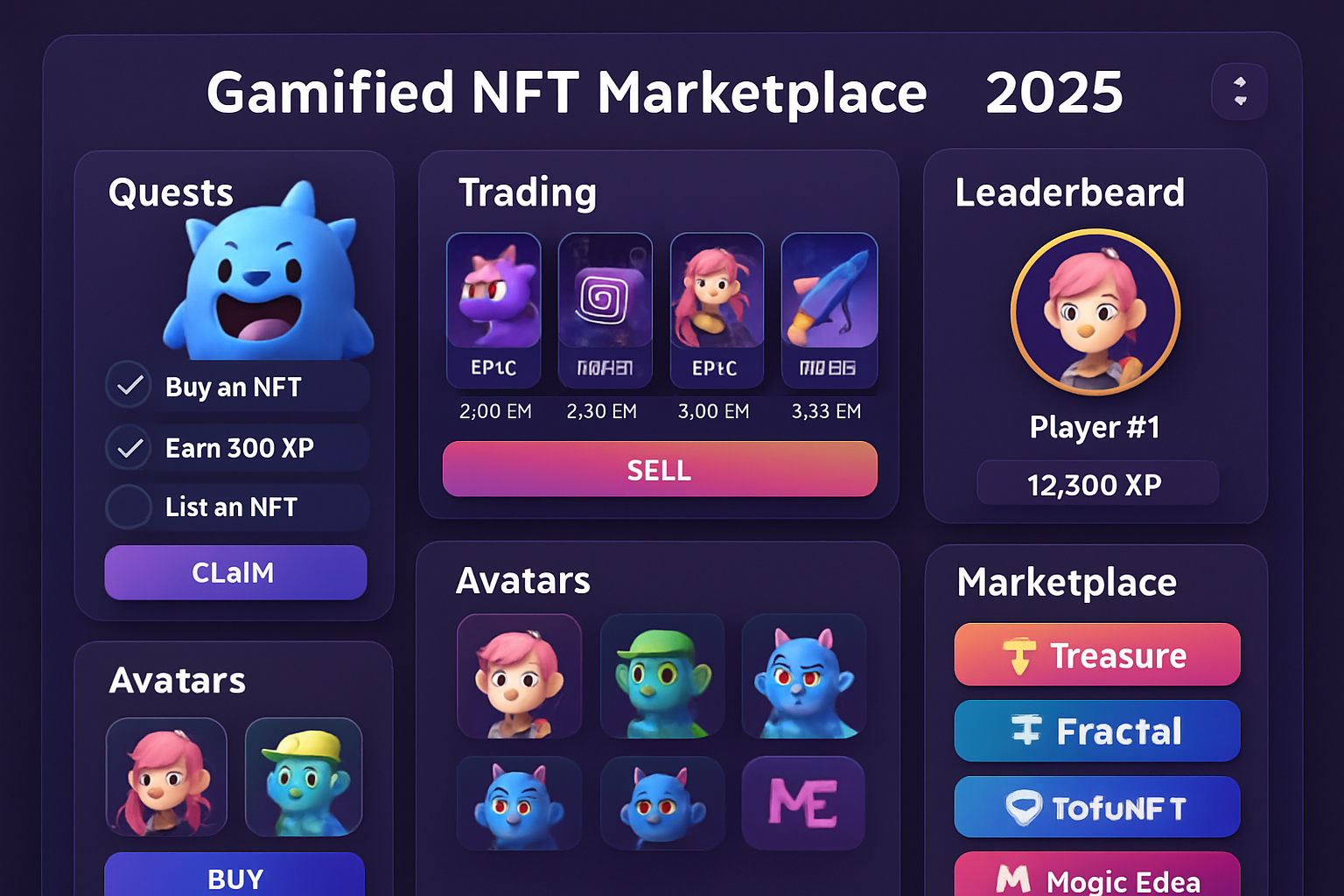 Dynamic dashboard of a gamified NFT marketplace in 2025 featuring quests, trading leaderboards, animated avatars, and top platforms like Treasure Marketplace, Fractal, TofuNFT, GameStop NFT, and Magic Eden Polygon Gaming Hub.