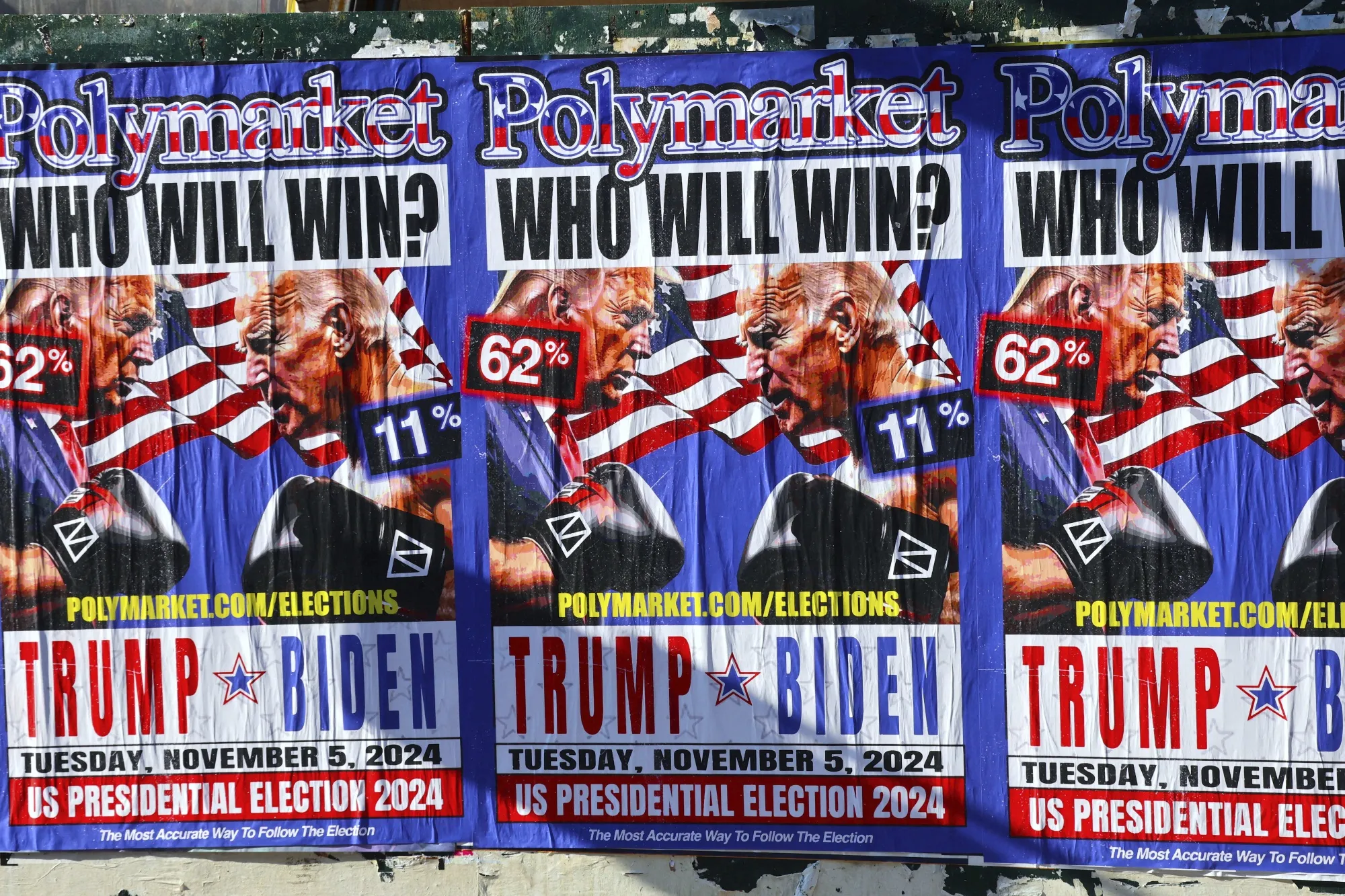 Polymarket dashboard displaying live 2024 US presidential election odds on a blockchain prediction market platform