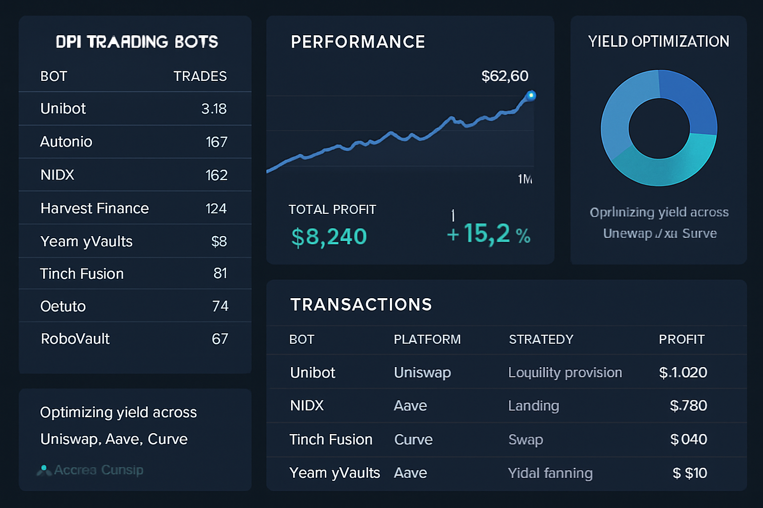 Dynamic dashboard displaying top DeFi trading bots—Unibot, Autonio NIOX, Harvest Finance Smart Vaults, Yearn Finance yVaults, 1inch Fusion Mode Bot, Gelato Automate, and RoboVault—optimizing yield across protocols like Uniswap, Aave, and Curve in 2024.