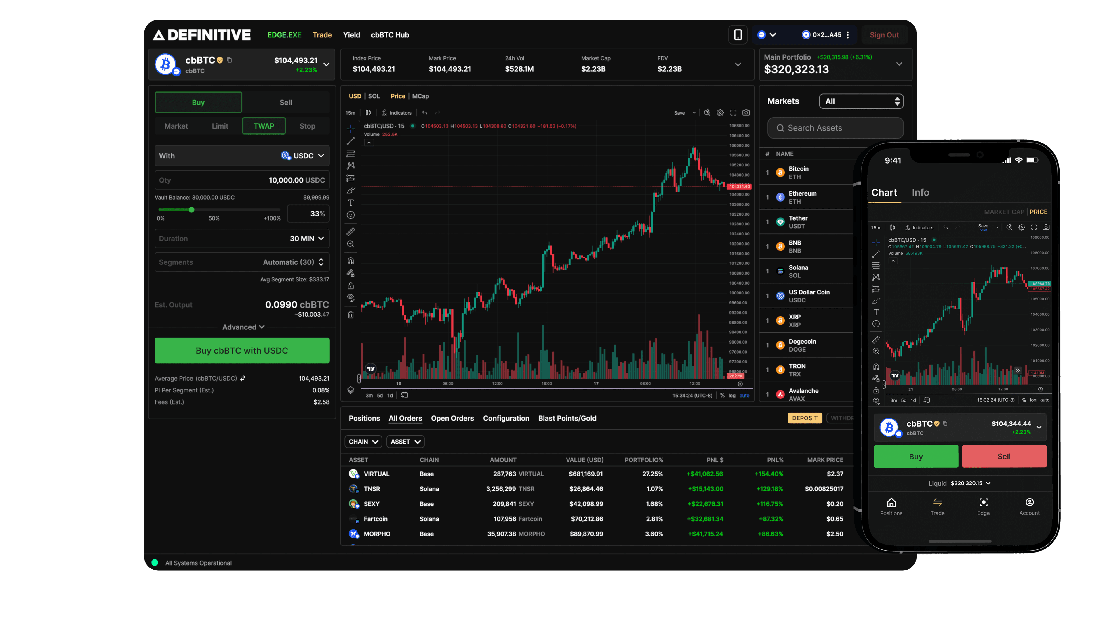 Dynamic dashboard interface showing gasless cross-chain leveraged trading activity on a decentralized exchange, highlighting seamless DeFi transactions without gas fees.