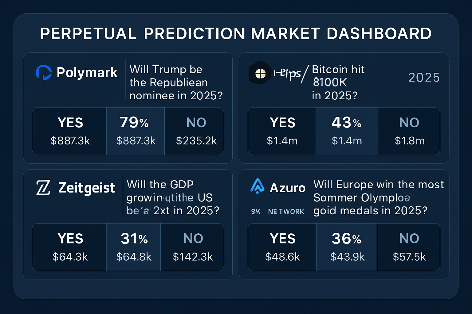 Dynamic dashboard displaying live perpetual prediction market odds and trading volume for Polymarket, Hyperliquid, Zeitgeist, Azuro, and SX Network in 2025