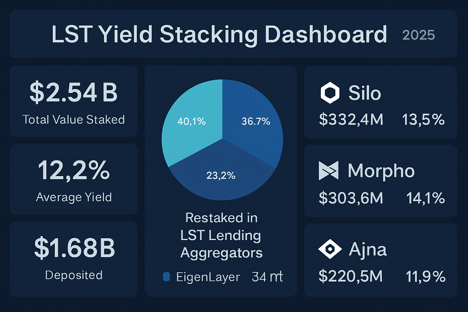 Dynamic dashboard visualizing liquid staking token (LST) yield stacking flows across EigenLayer restaking, DeFi lending protocols, and automated yield aggregators in 2025 DeFi ecosystem.