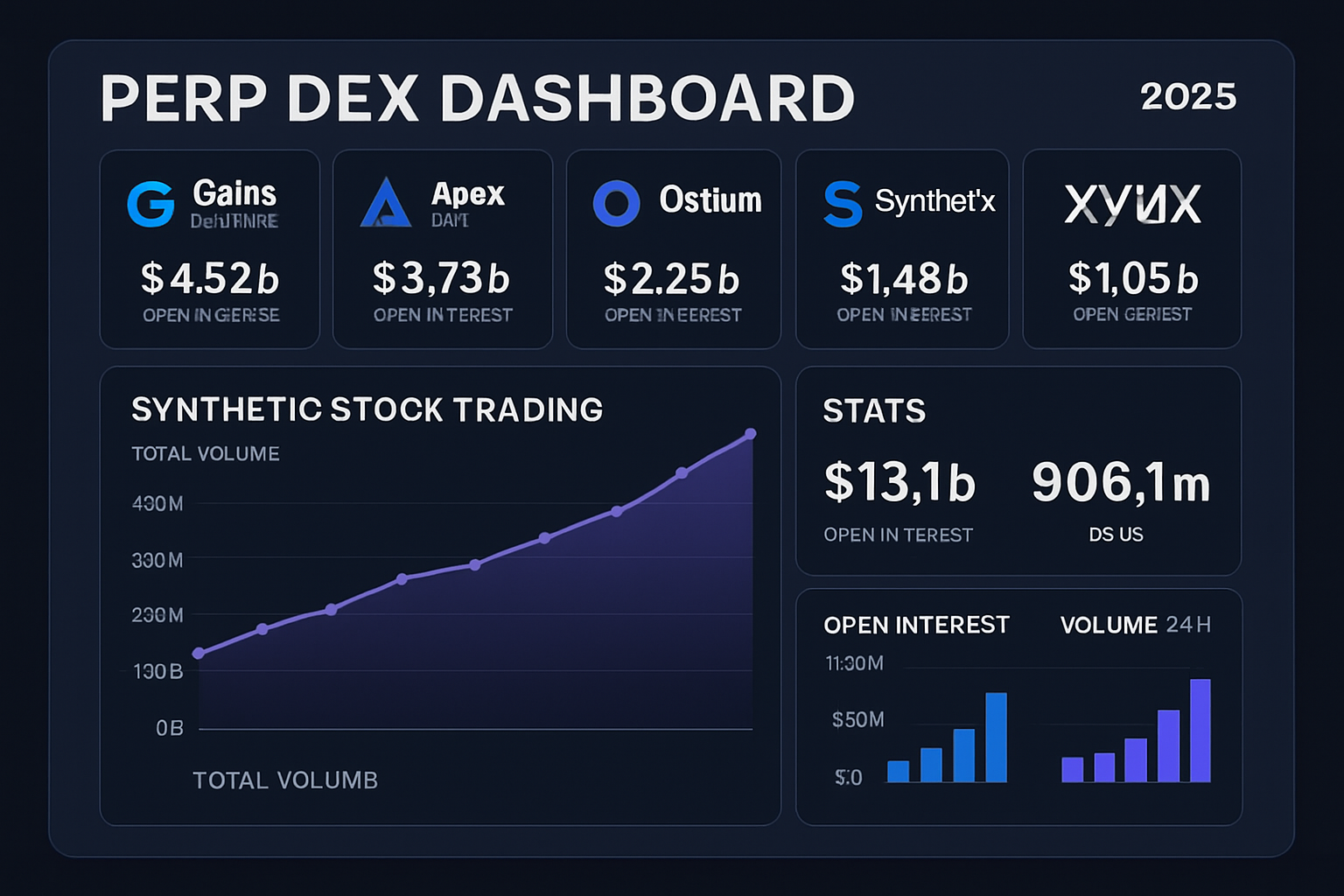 Dynamic dashboard showcasing top 5 perpetual DEXs for synthetic stock trading in 2025: Gains Network (gTrade), ApeX Pro, Ostium, Synthetix (Perps V3), and dYdX.