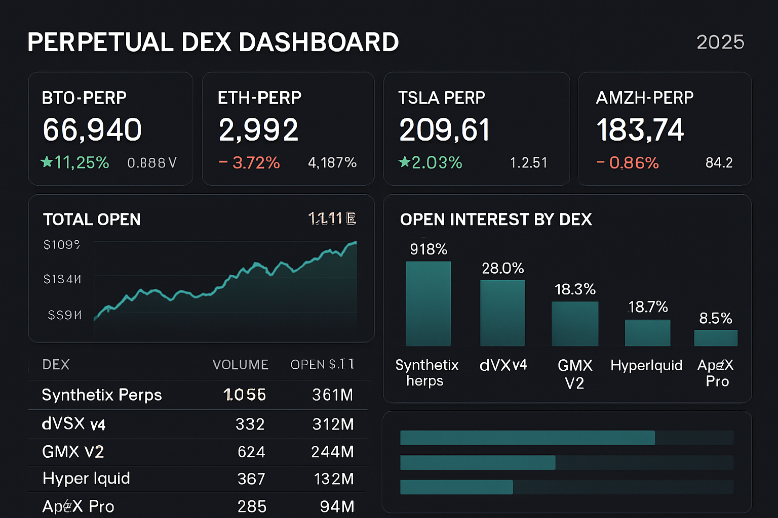 Dynamic dashboard visualizing top perpetual DEXs for synthetic stocks trading in 2025, featuring Synthetix Perps, dYdX v4, GMX V2, Hyperliquid, and ApeX Pro with real-time synthetic stock tickers and volumes