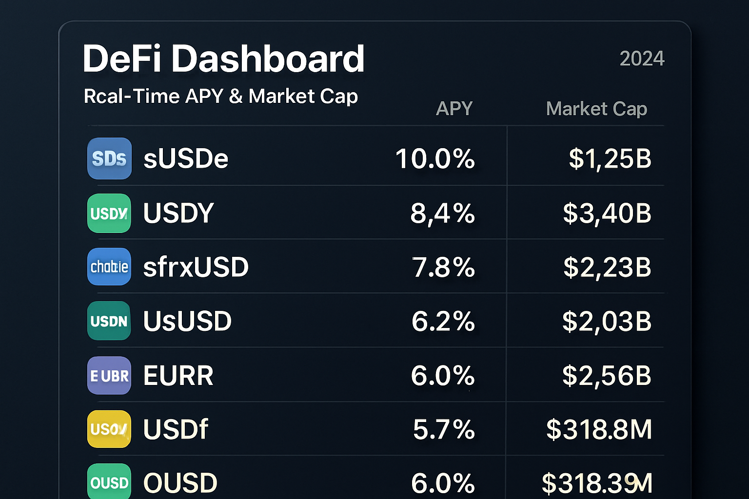 Dynamic DeFi dashboard displaying real-time APY and market cap for top 8 yield-bearing stablecoins in 2024: sUSDe, USDY, sfrxUSD, HLUSD, USDM, EURR, USDf, OUSD.