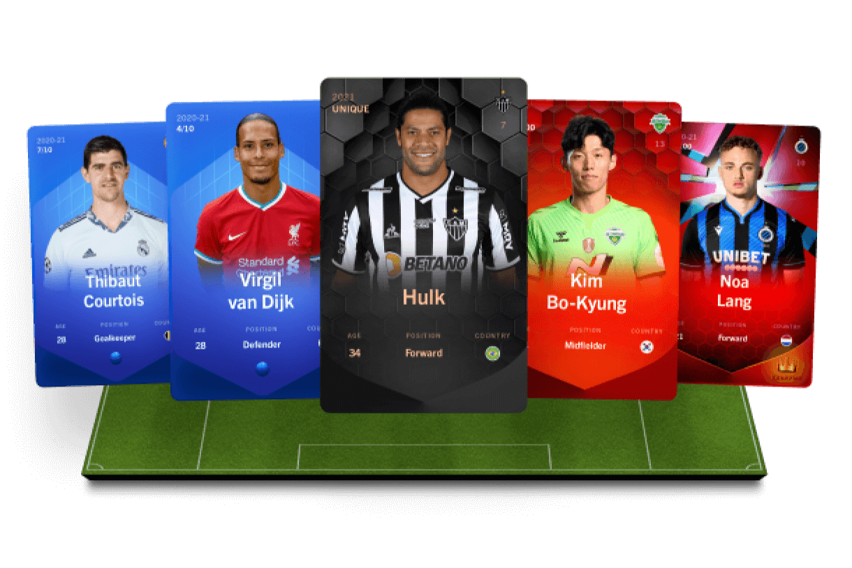 Dynamic fantasy football dashboard displaying NFT player cards, tournament rewards, and real-time digital assets, inspired by platforms like Sorare and Football.fun