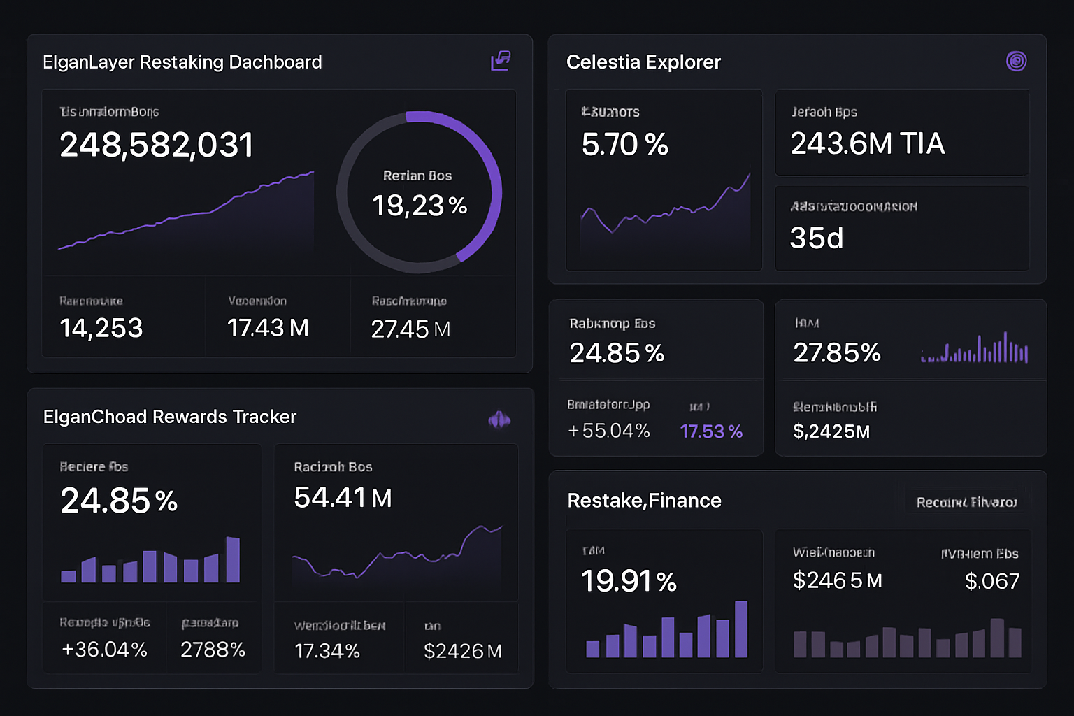 Dynamic dashboard displaying real-time restaking yields across Celestia and EigenLayer, featuring tools like EigenLayer Restaking Dashboard, Celestia Explorer, EigenLayer Rewards Tracker by EigenCloud, LlamaFolio Modular Staking Analytics, and Restake.Finance Yield Aggregator.