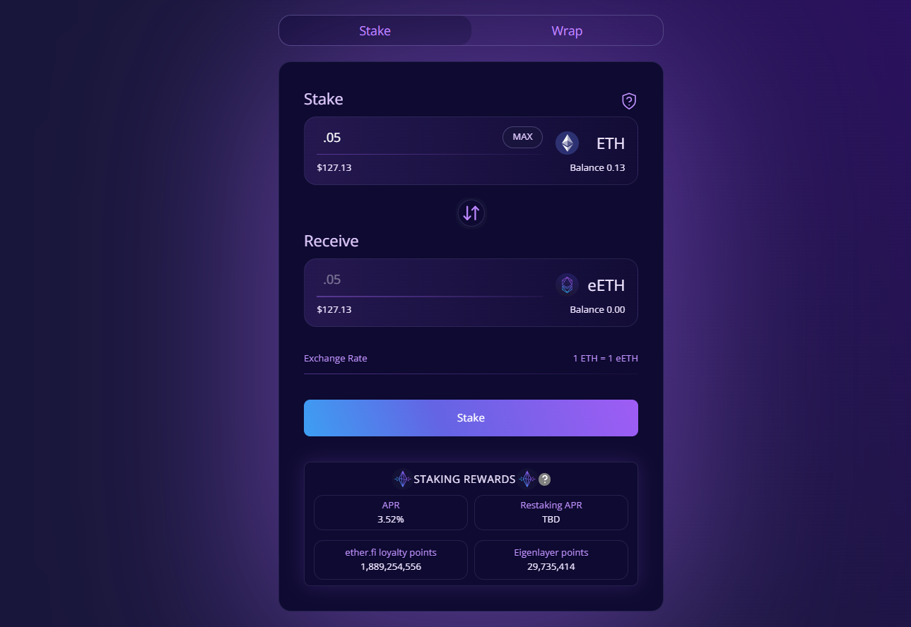 Dynamic DeFi dashboard displaying staking point accrual and airdrop eligibility across EtherFi, Lido, Rocket Pool, EigenLayer, and Symbiotic platforms