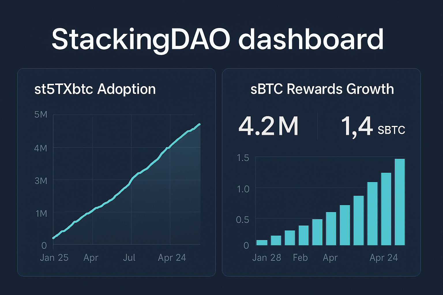 Dynamic dashboard visualizing stSTXbtc adoption and sBTC rewards growth on StackingDAO platform