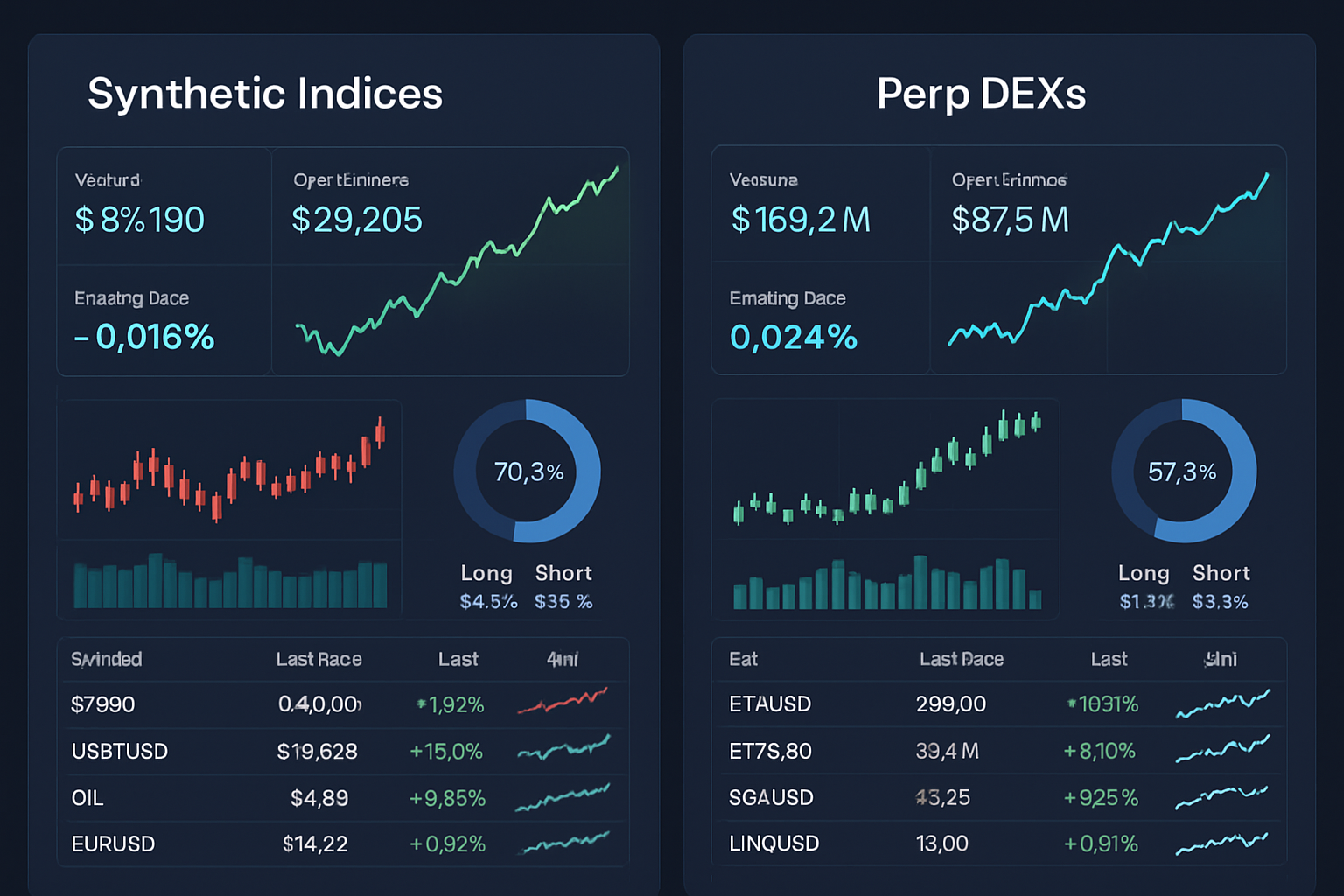 Dynamic dashboard interface comparing synthetic indices and perpetual DEXs for 24/7 trading, featuring digital trading panels and crypto exchange elements