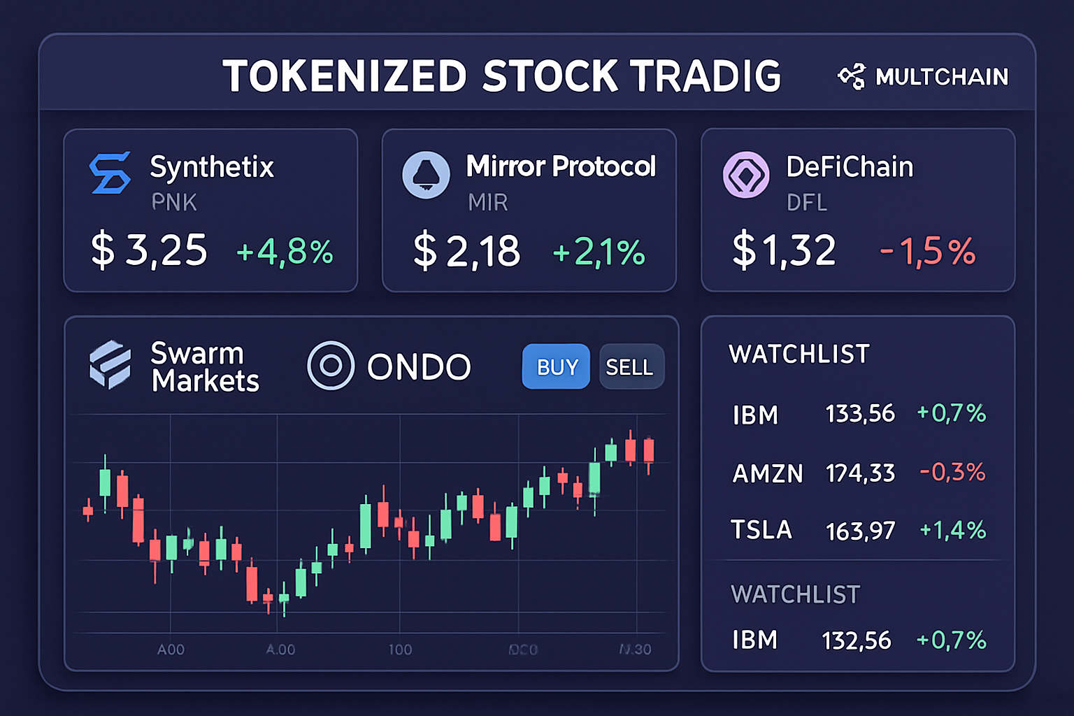 Dynamic dashboard displaying tokenized stock trading activity across multiple blockchains, featuring Synthetix, Mirror Protocol, DeFiChain, Swarm Markets, and Ondo Finance platforms.