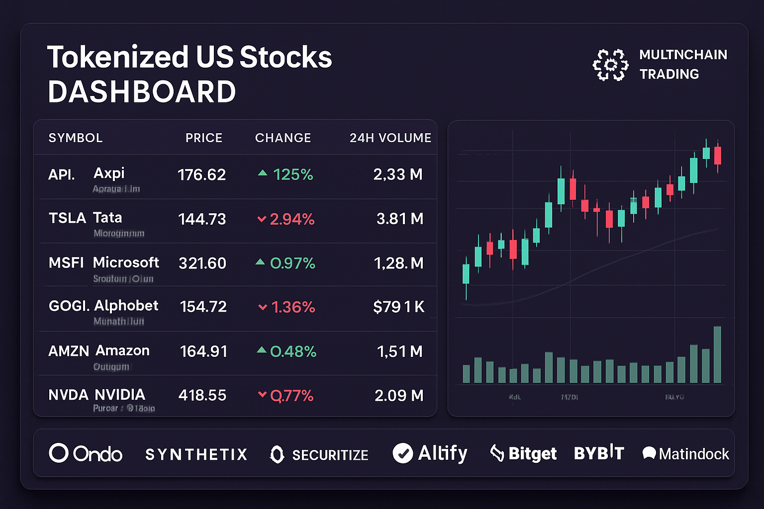 Dynamic dashboard displaying top 10 tokenized US stock trading platforms—Ondo Finance, Synthetix, Polymath, Securitize, Altify, Backed Finance, Bitget Onchain Stocks, Bybit xStocks, Kraken xStocks, Matrixdock—across multiple blockchains, highlighting real-time access and fractional ownership.