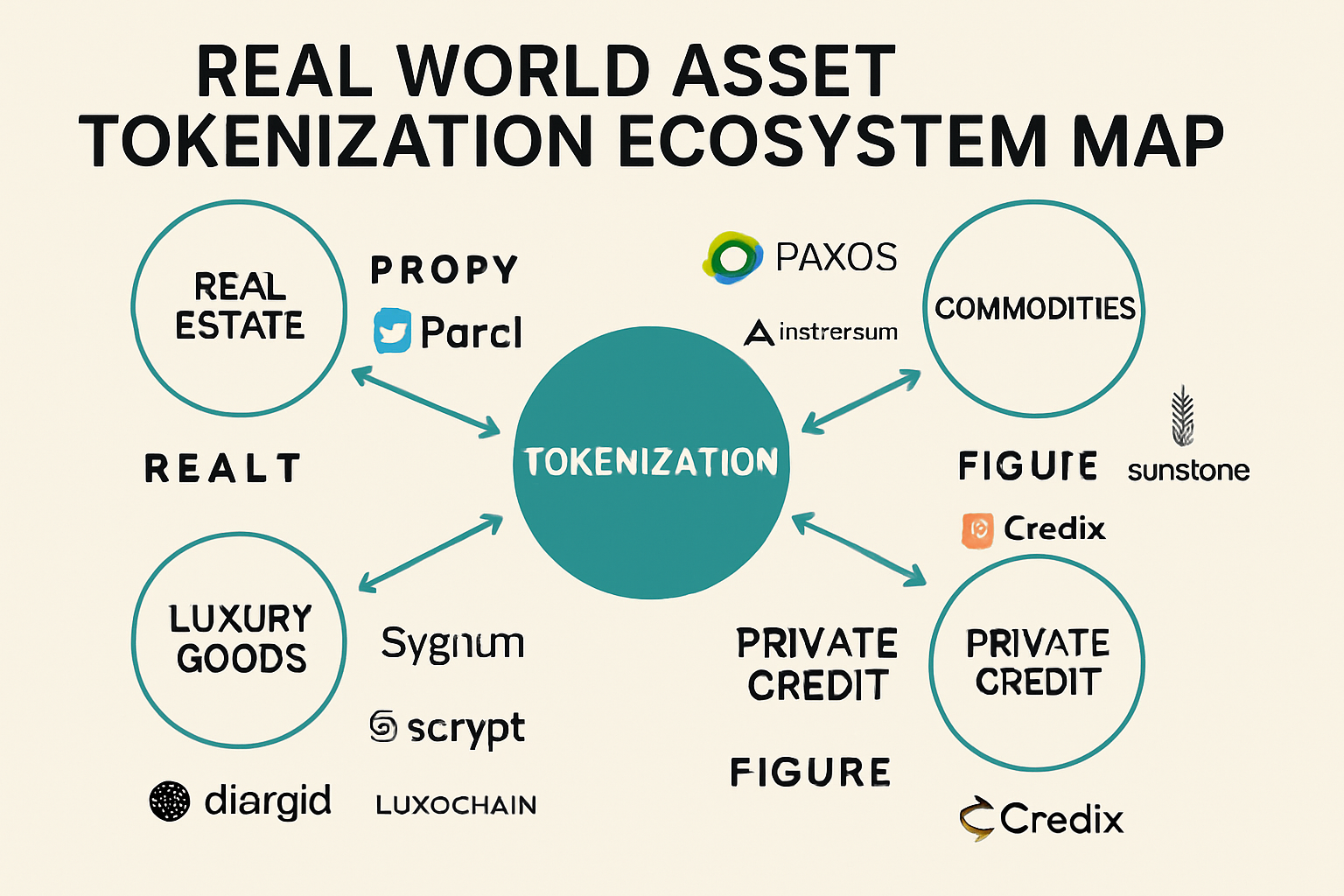 Ecosystem map of real-world asset tokenization showing categories like real estate, commodities, private credit, and luxury goods on blockchain