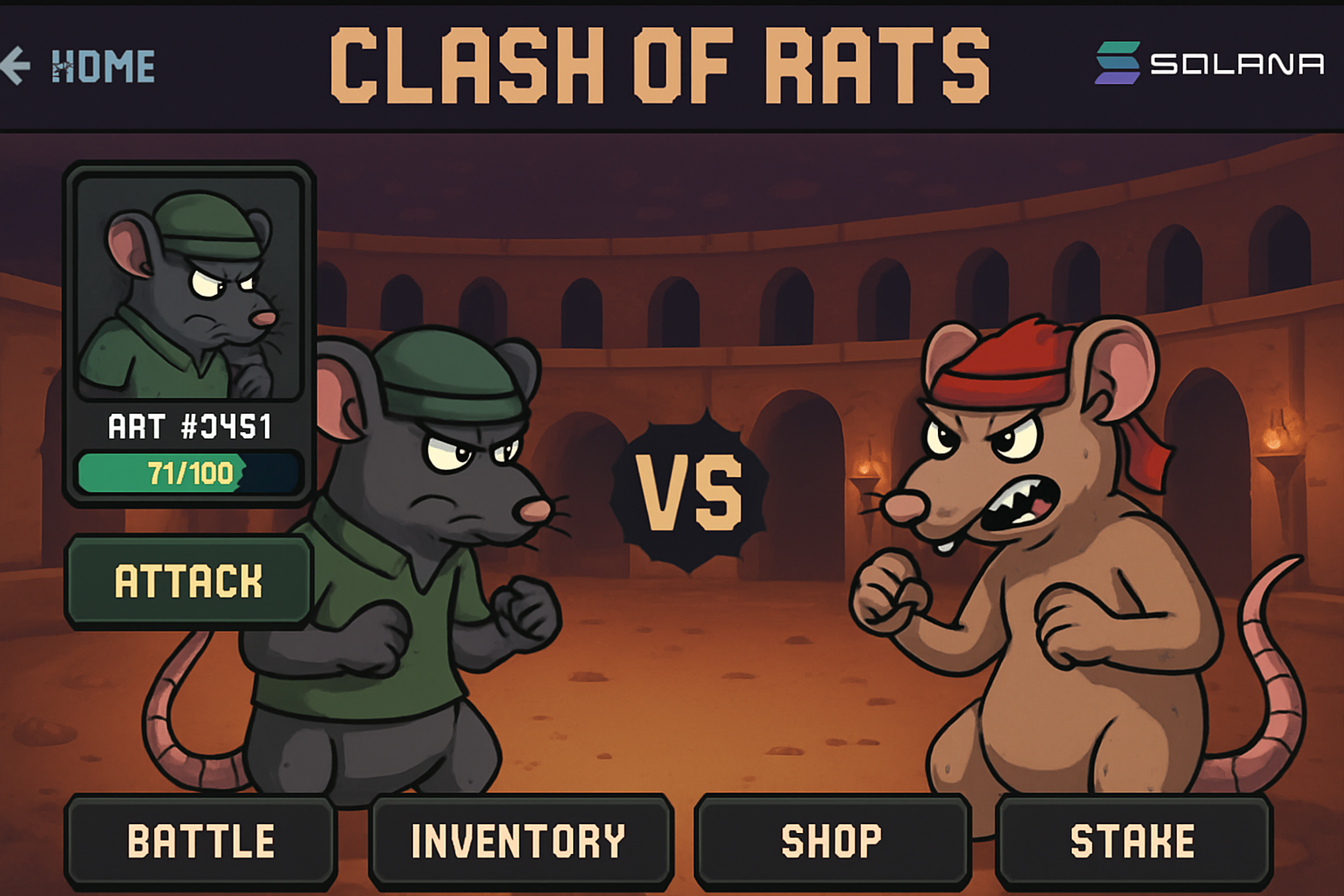 Dynamic gameplay screenshot of Clash of Rats showing two unique rat NFTs battling in an arena with Solana blockchain UI elements visible