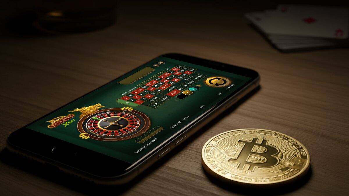 Dynamic graphic of blockchain-powered sports betting apps on mobile devices with prominent crypto coins like Bitcoin and Ethereum, representing on-chain sports betting in 2025.