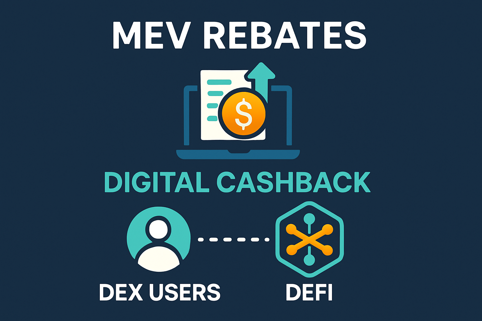 Dynamic illustration of MEV rebates flowing back to DEX users as digital cashback in DeFi trading