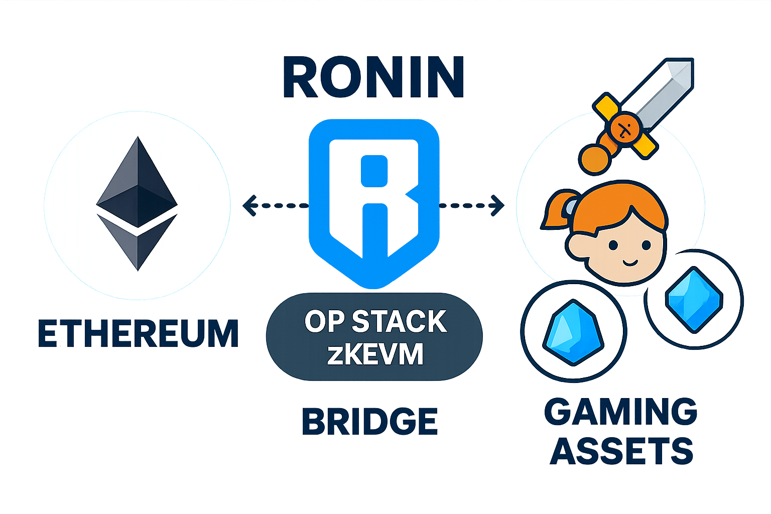 Dynamic graphic of Ronin Network bridging to Ethereum using OP Stack and zkEVM with game assets transferring between blockchains, symbolizing enhanced Web3 gaming scalability.