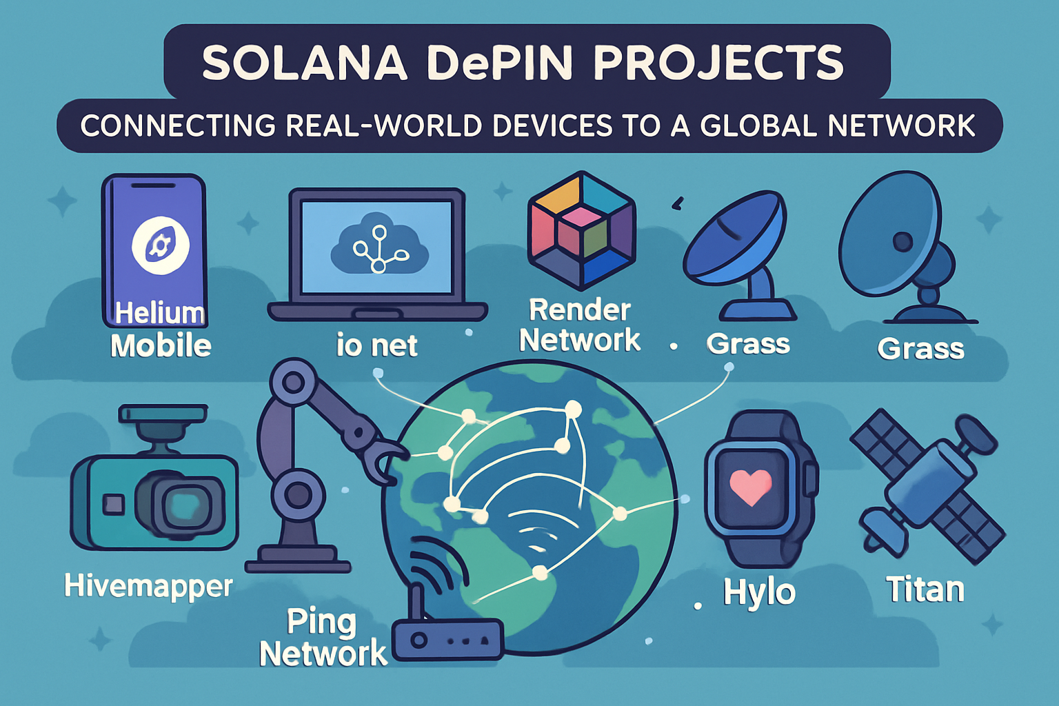 Dynamic illustration of Solana DePIN projects—Helium Mobile, io.net, Render Network, Grass, Hivemapper, Nosana, Ping Network, Hylo Network, and Titan—connecting real-world devices and users globally via blockchain.