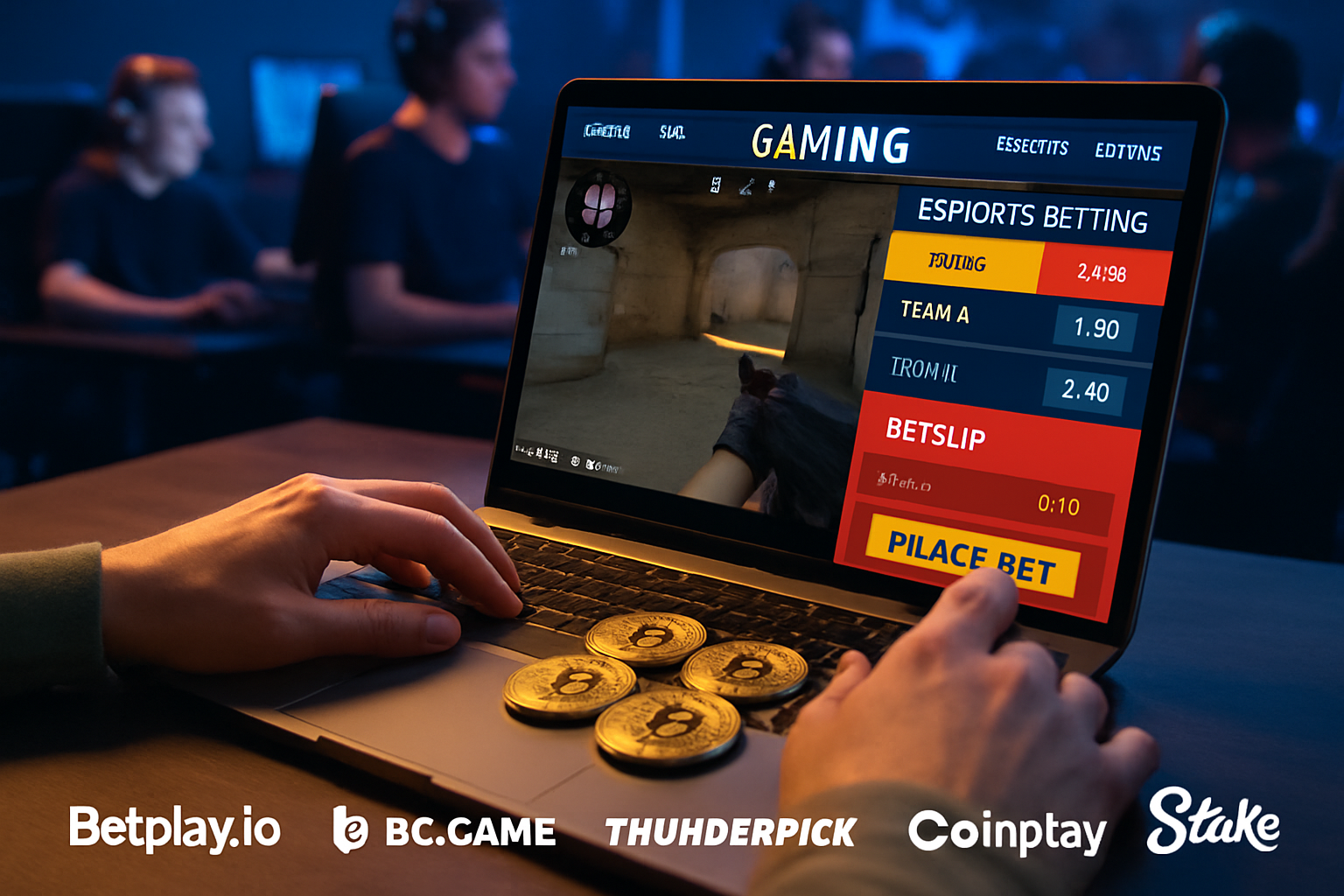 Gamer placing a crypto esports bet on a laptop with Bitcoin coins in the foreground and an esports match on screen, highlighting top no-KYC betting platforms like Betplay.io, BC.Game, Thunderpick, Coinplay, and Stake.com.
