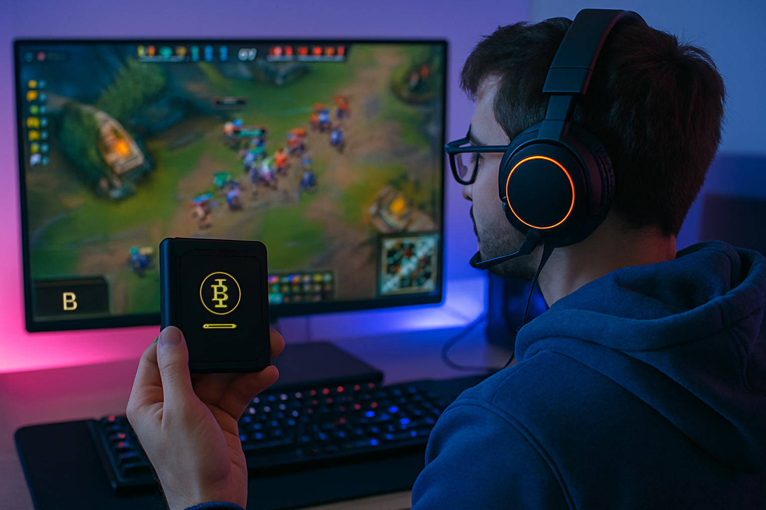 Gamer holding a crypto wallet watching an esports match on screen, representing crypto esports betting in 2024