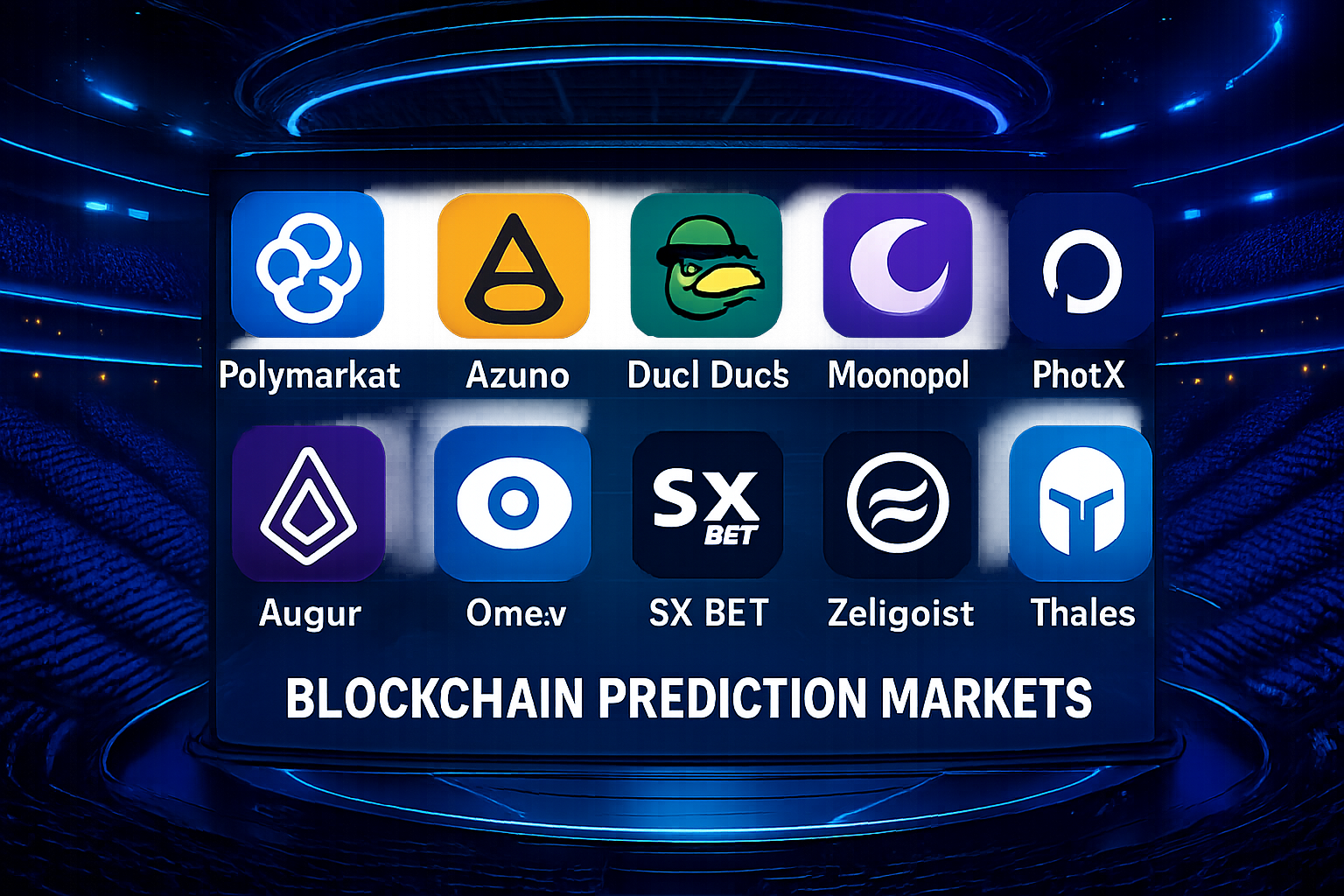 Digital esports arena with blockchain prediction market icons for Polymarket, Azuro Protocol, Duel Duck, Moonopol, PlotX, Augur, Omen (Gnosis), SX Bet, Zeitgeist, and Thales overlayed, symbolizing the transformation of esports betting with crypto in 2025.