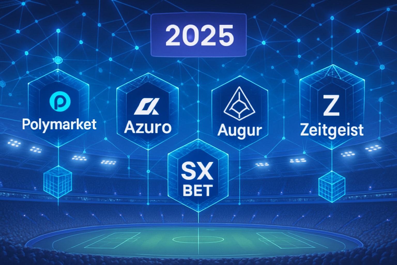 Digital stadium with blockchain nodes and crypto symbols representing top crypto prediction platforms like Polymarket, Azuro, SX Bet, Augur, and Zeitgeist revolutionizing sports betting in 2025.