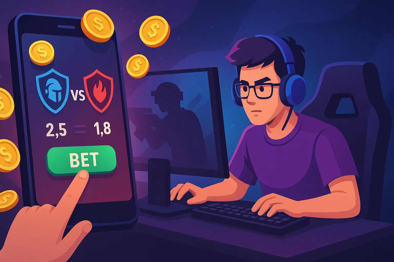 Gamer using a laptop to place an esports bet with a crypto wallet, illustrating step-by-step crypto esports betting process