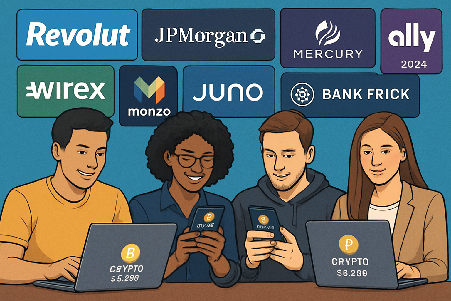 Digital entrepreneurs using laptops and smartphones with crypto banking apps, surrounded by logos of Revolut, JPMorgan Chase, Mercury, Ally Bank, and other top crypto-friendly banks in 2024.