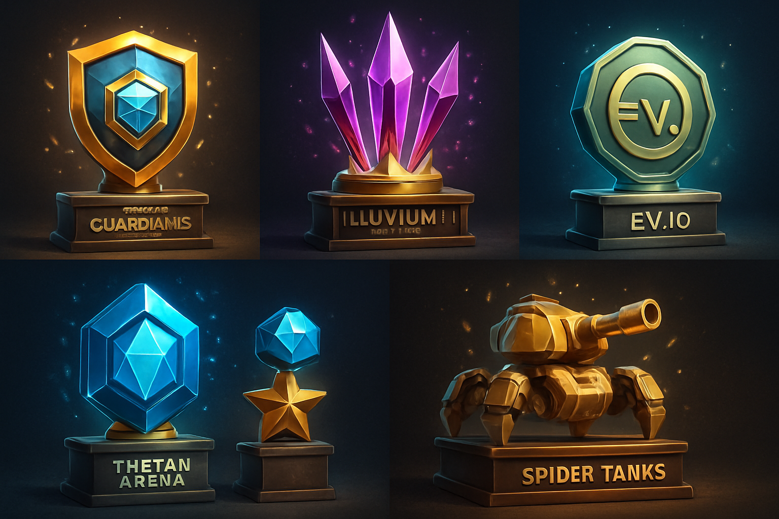 Digital trophies and NFT rewards from top play-to-earn esports games in 2025, featuring Guild of Guardians Arena, Illuvium: Arena, EV.io, Thetan Arena, and Spider Tanks.