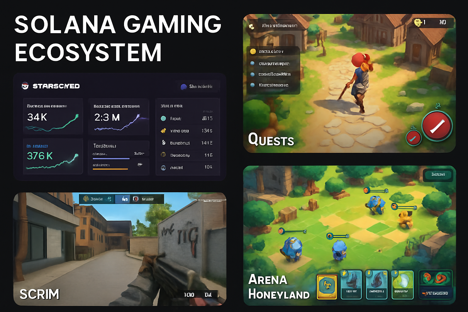 Dashboards and gameplay screenshots from Starboard Quests, Scrim Arena, Aurory, Honeyland, and Star Atlas in the Solana gaming ecosystem