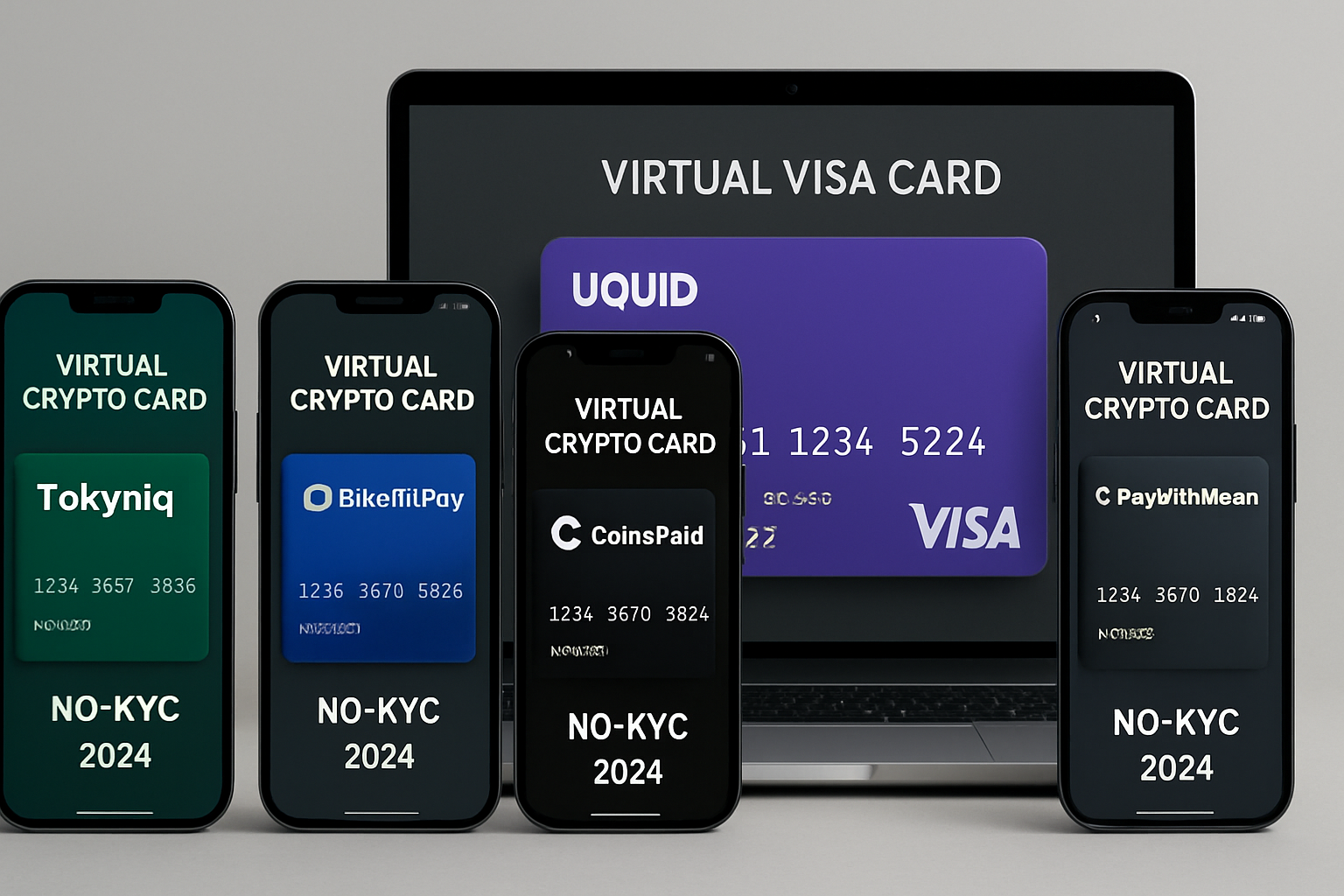 Dynamic display of top no-KYC virtual crypto credit cards—Tokyniq, Bitrefill Pay, CoinsPaid, Uquid Virtual Visa, and PayWithMoon—shown on digital devices for anonymous online purchases in 2024.