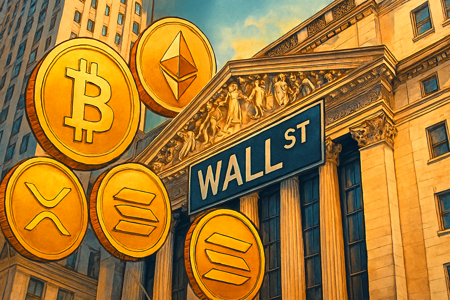 Wall Street meets cryptocurrency: digital coins like Bitcoin and Ethereum blending with iconic Wall Street imagery, symbolizing the SEC's new ETF approval shortcut and the integration of crypto into traditional finance.