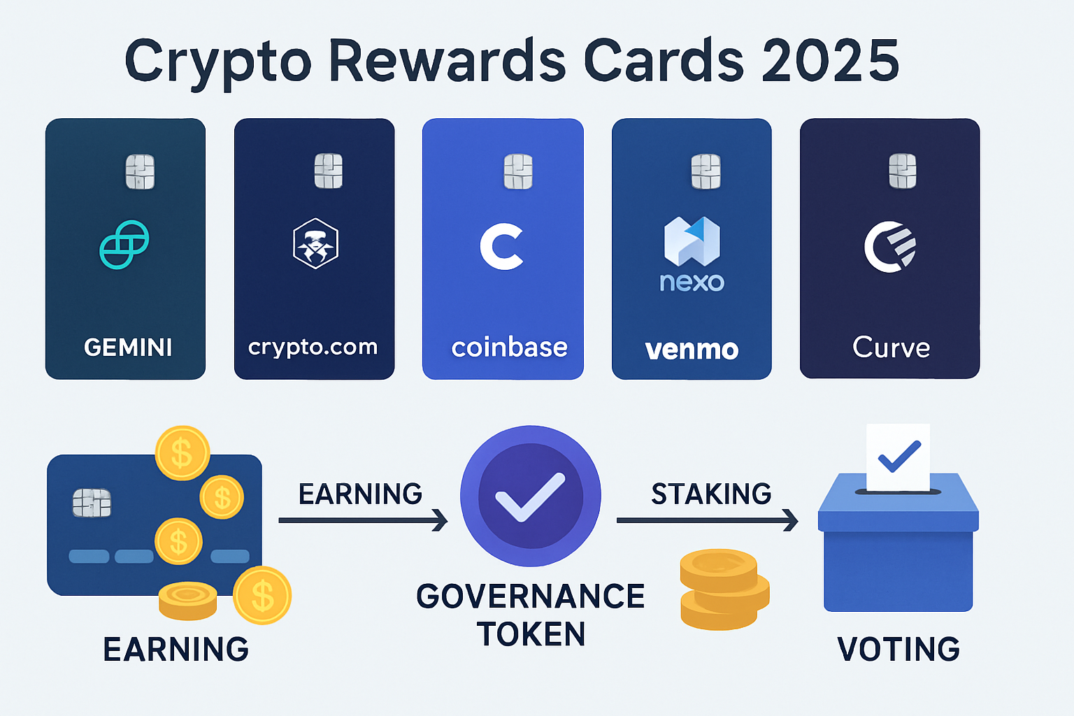 Infographic showing how spending with top crypto rewards cards like Gemini, Crypto.com, Coinbase, Venmo, Nexo, and Curve flows into earning, staking, and voting with governance tokens in 2025.