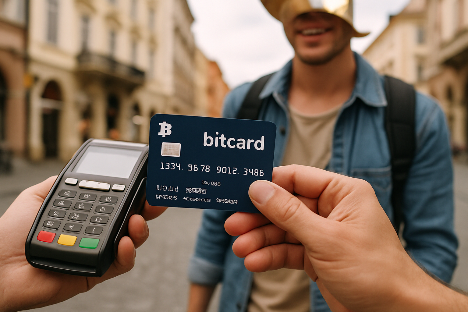 Traveler making a payment abroad with a no-KYC crypto credit card such as Midnight Blue, BitCard, Uquid, Paycent, SpectroCoin, or AdvCash, highlighting private crypto spending in 2025.