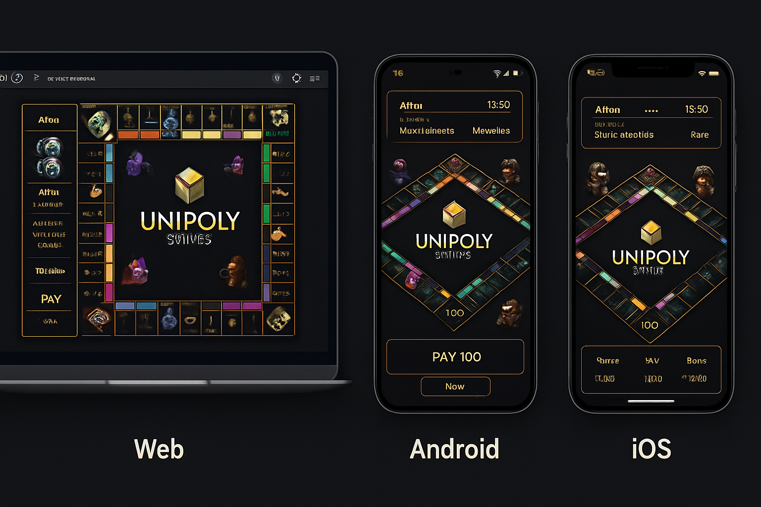 Unipoly cross-platform NFT games preview on web, Android, and iOS devices showcasing play-to-earn mechanics and blockchain integration