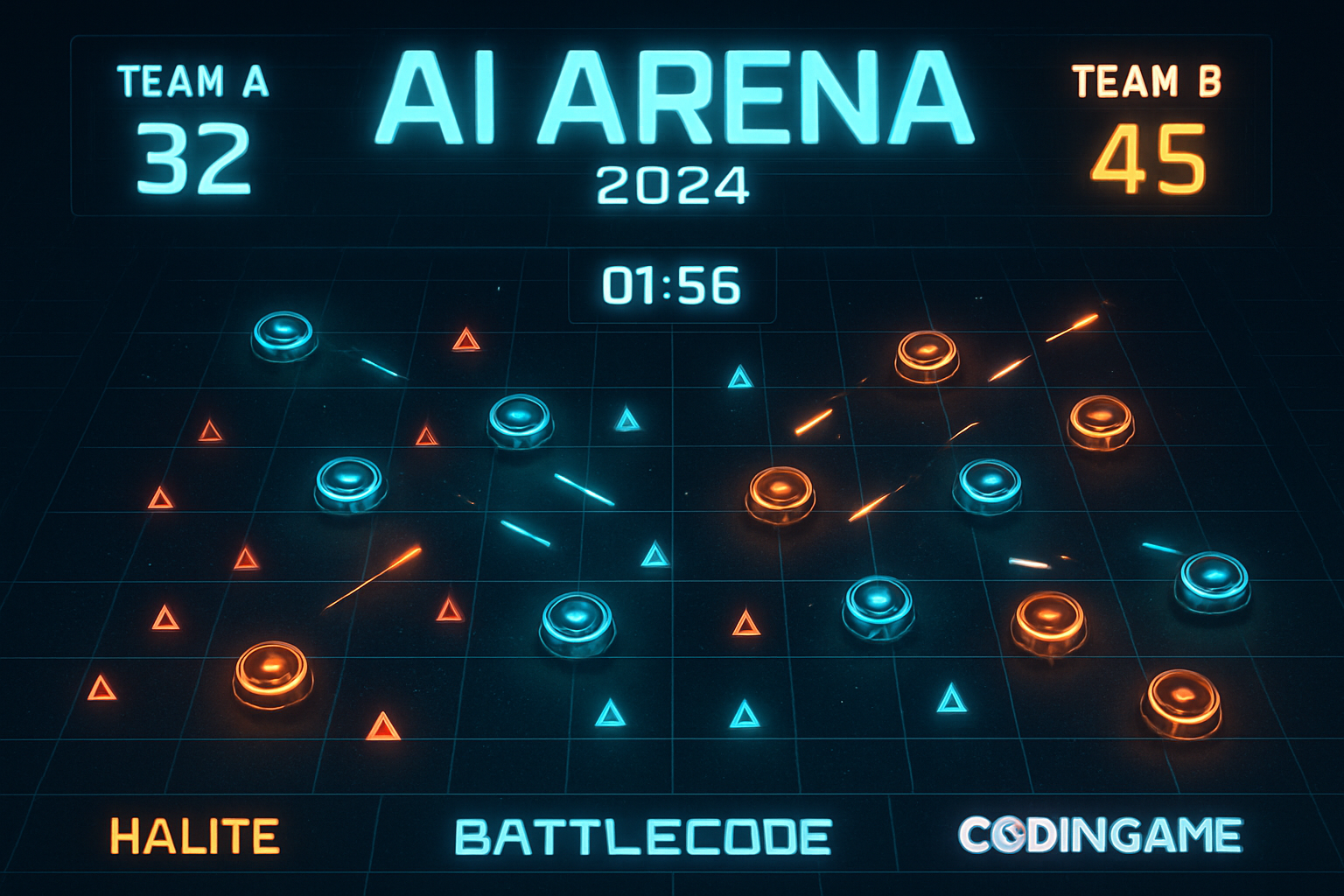 Dynamic screenshot of AI agents battling in a futuristic digital arena featuring AI Arena, Battlecode, CodinGame AI Battles, and Halite platforms in 2024.