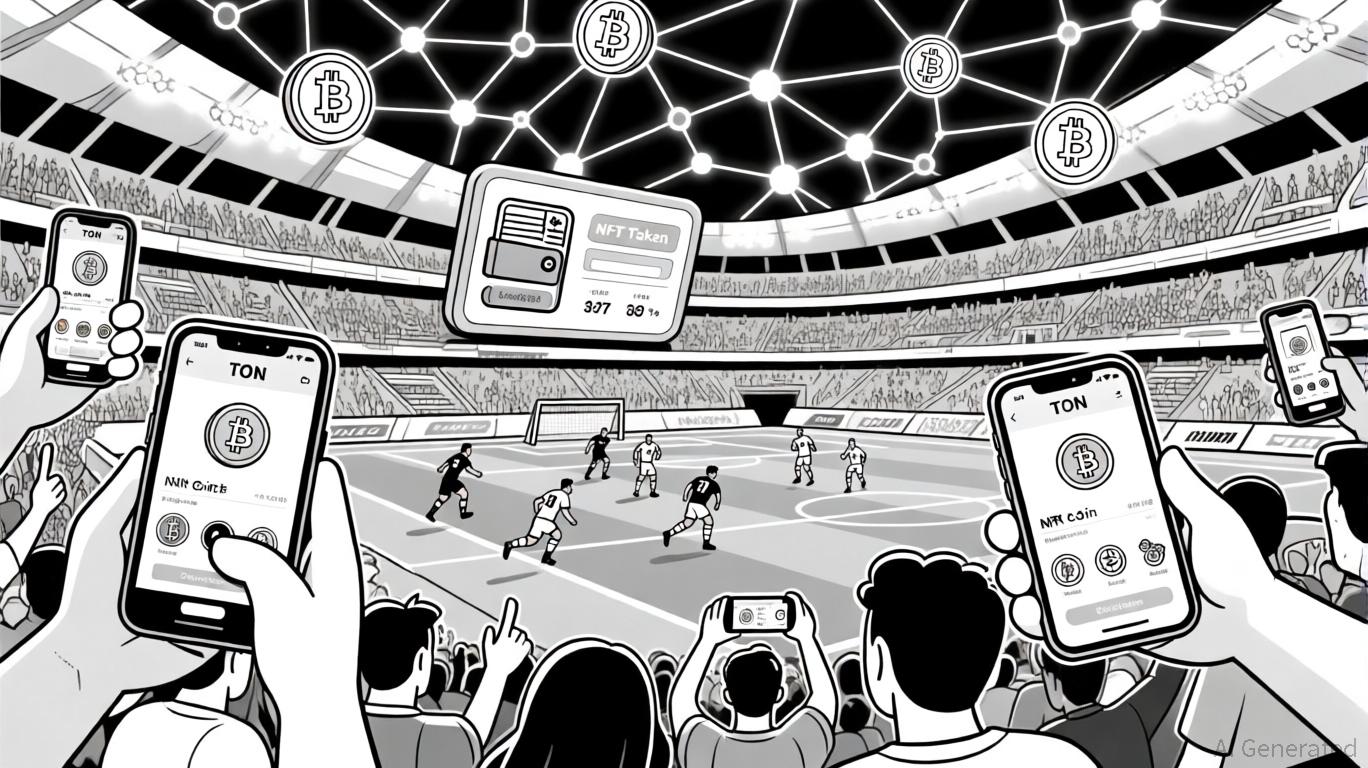 Dynamic stadium scene with digital blockchain sports betting overlays, illustrating on-chain prediction markets in live sports in 2024