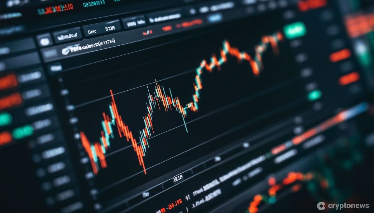 Modern crypto trading desk with digital displays highlighting surging DEX trading volumes and dynamic market activity, representing the rise of perpetual decentralized exchanges in DeFi.