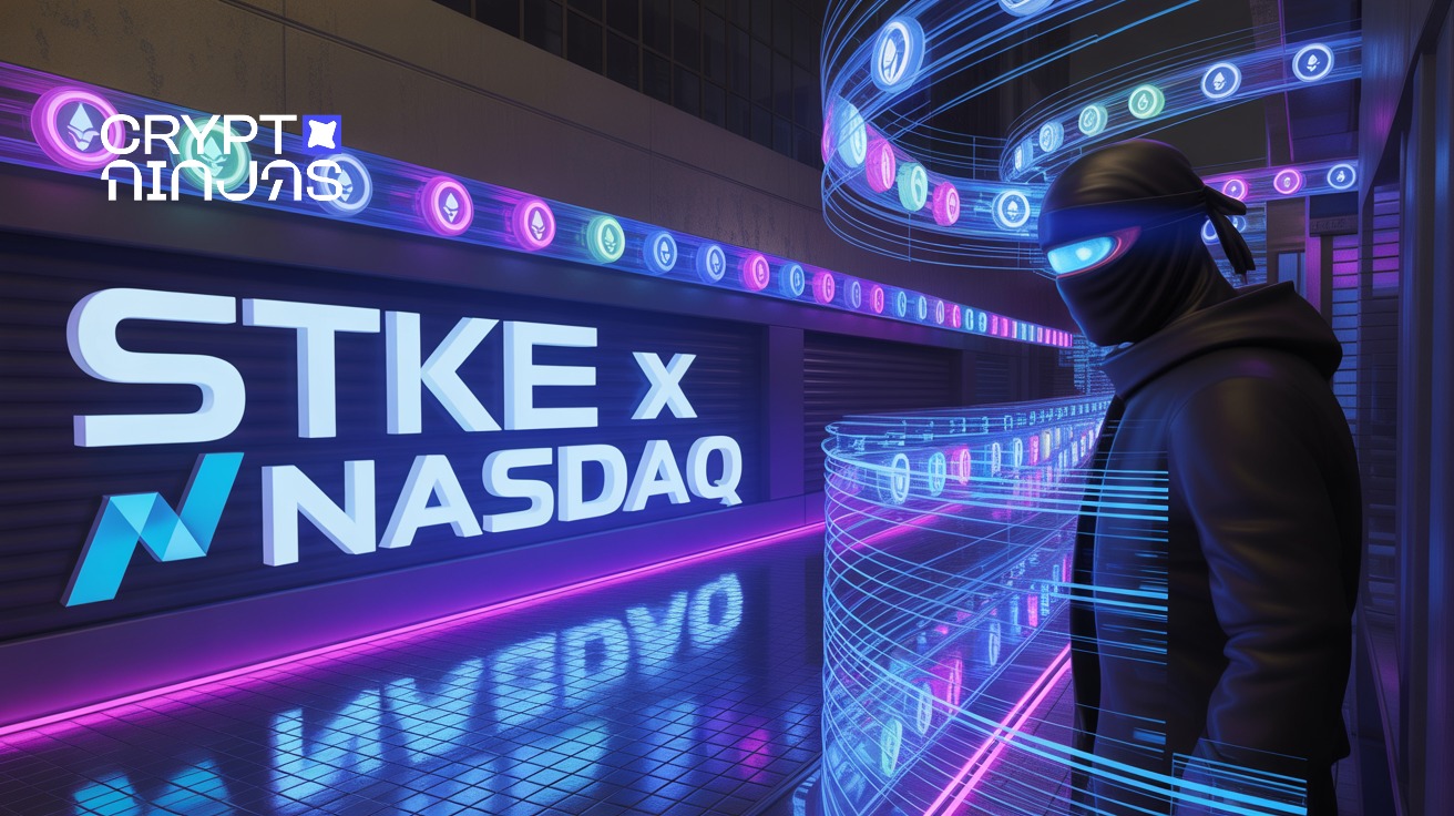 Dynamic Nasdaq trading floor featuring STKE ticker and Solana branding, symbolizing SOL Strategies' market debut