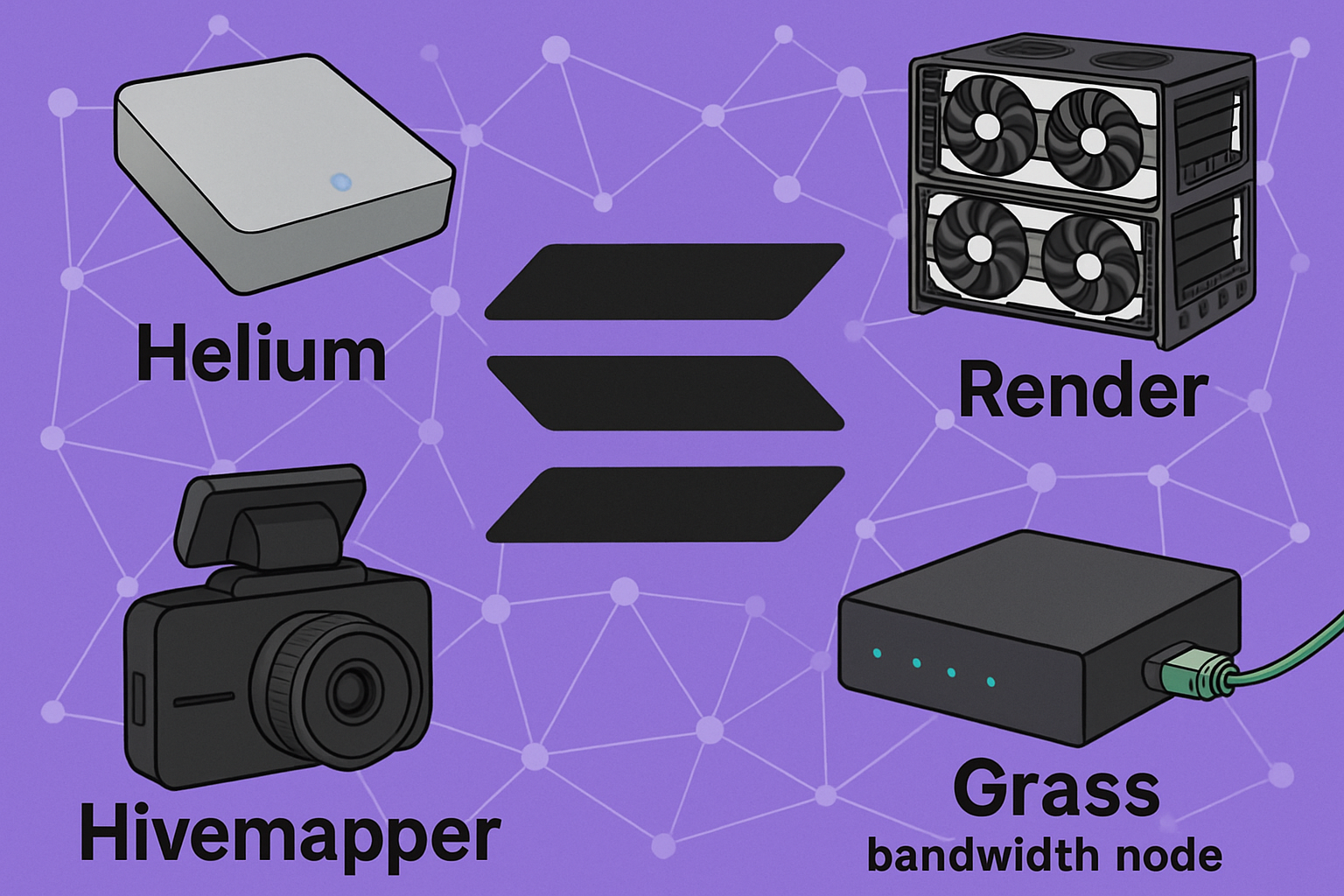 Collage of Helium hotspots, Render GPU clusters, Hivemapper dashcams, and Grass bandwidth nodes on a stylized Solana blockchain background representing top DePIN projects in 2025.