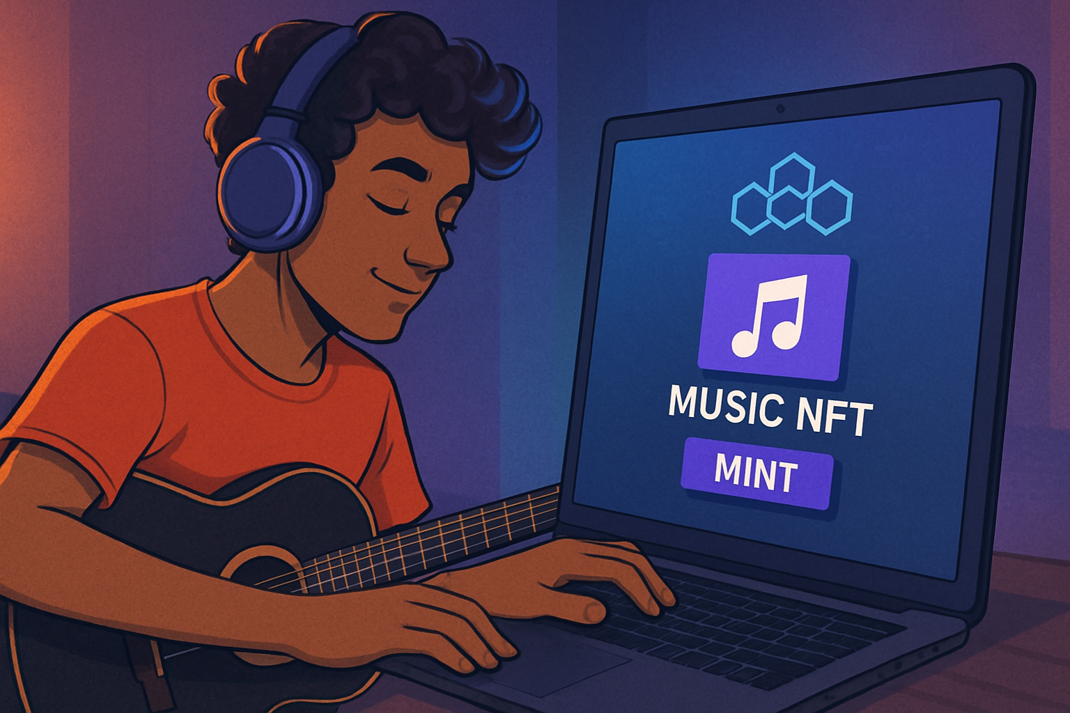Artist minting a music NFT on a blockchain platform, showcasing digital music creation and NFT technology