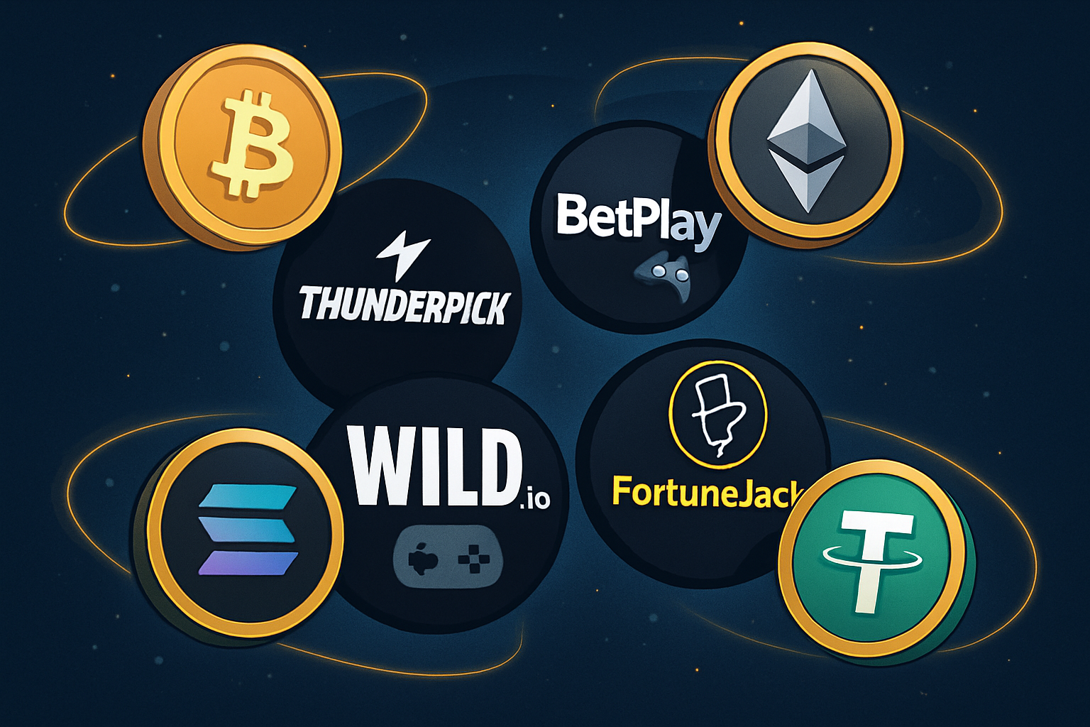 Dynamic illustration of crypto coins orbiting around popular esports game logos with ThunderPick, BetPlay, Wild.io, and FortuneJack featured, symbolizing top crypto esports betting platforms in 2025.