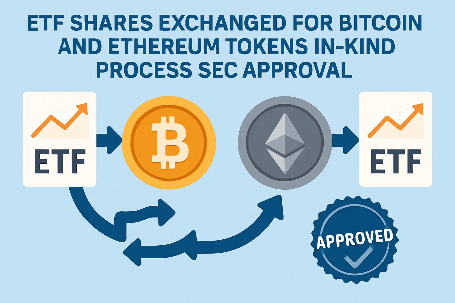 ETF shares being exchanged for Bitcoin and Ethereum tokens illustrating the in-kind creation and redemption process after SEC approval