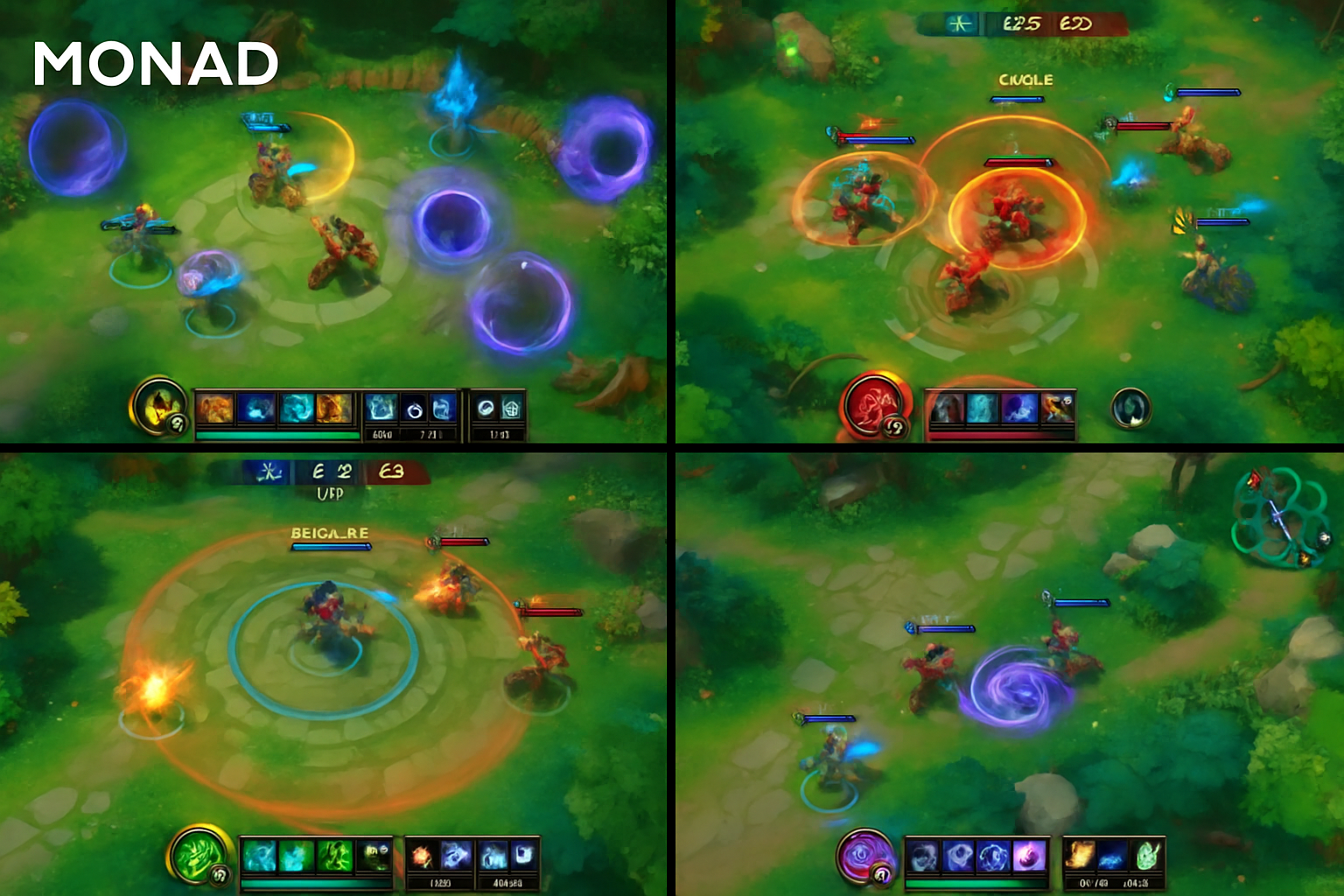 Dynamic gameplay scenes from Monad-powered Web3 games like Sparkball and Breath of Estova, highlighting real-time blockchain interactions and vibrant in-game action.