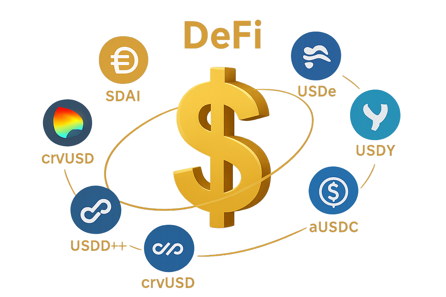 Top yield-bearing stablecoin icons (sDAI, USDe, OUSD, USDY, aUSDC, USD0++, crvUSD) orbiting a golden dollar sign, representing DeFi passive income opportunities in 2024.