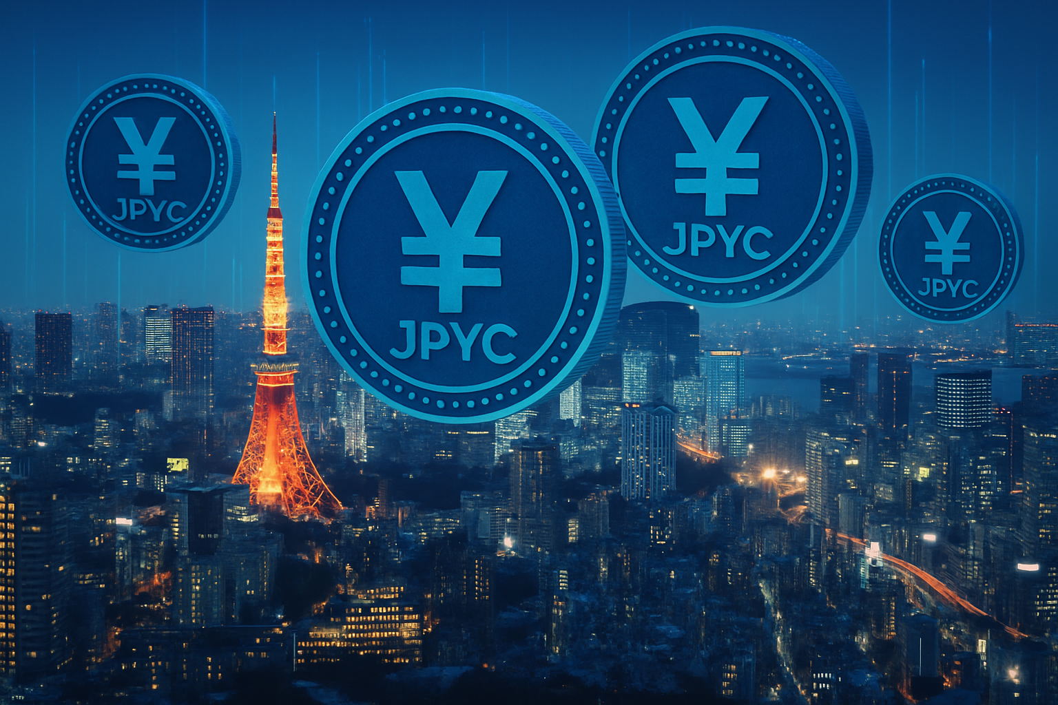 JPYC stablecoin tokens digitally overlayed on Tokyo skyline, representing Japan's digital yen transformation in 2025